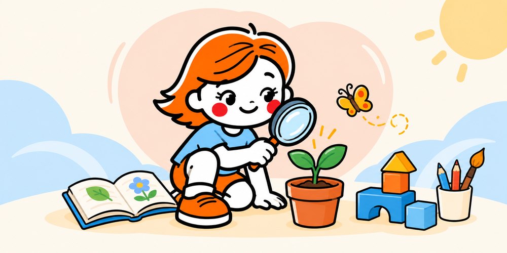 插画：用放大镜观察小树苗的小女孩